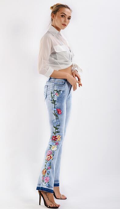 SZ60206 Flower Embroidery Denim Flared Pants in Blue